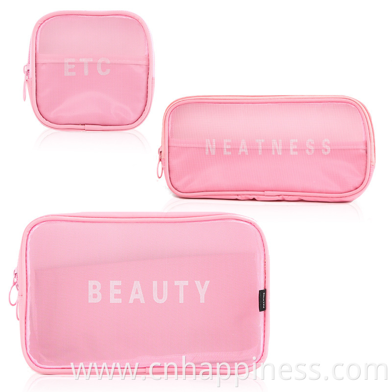 Personalized Trendy Clear Transparent Nylon Mesh Cosmetic Bag Women Pouch Black Pink Mini Makeup Beauty Bags Travel